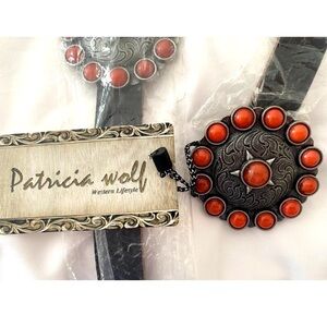 Amazing Patricia Wolf pewter corral cabochon concho western belt RTL $425 NWT OS